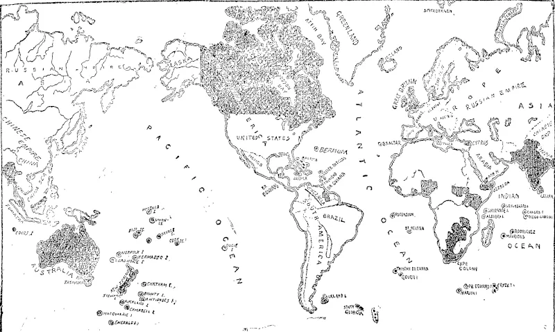 THE MAP OF THE WORLD—THE BLACK SPACES SHOW THE TERRITORY BELONGING TO GREAT BRITAIN, > (Auckland Star, 08 February 1896)
