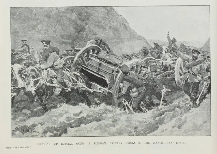 Bringing up Russian guns. a Russian battery sticks in the Manchurian roads