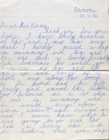 Image: Letter from Jill Baker to Mrs Keene regarding Opo the dolphin