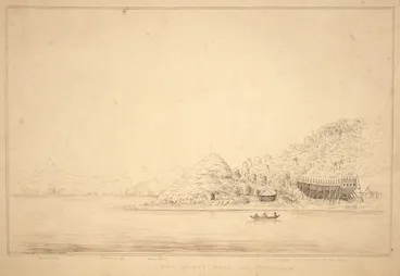 Image: Bambridge, William, 1819-1879 :Great Barrier Island, New Zealand. Dec. 1847. Drawn by W. Bambridge from his original sketch. Mount Mitre. Augustus Bay. Home Point. Mahunga. The residence of Captain Nagle.