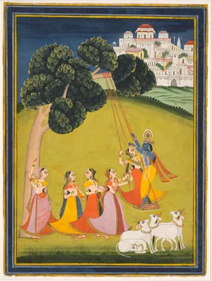 Krishna and Gopis playing on a swing (hindola)