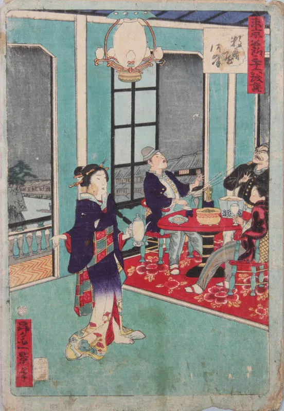 a waitress holds a teapot, waiting to serve 3 men in western attire, one man squirts another man with a bottle.