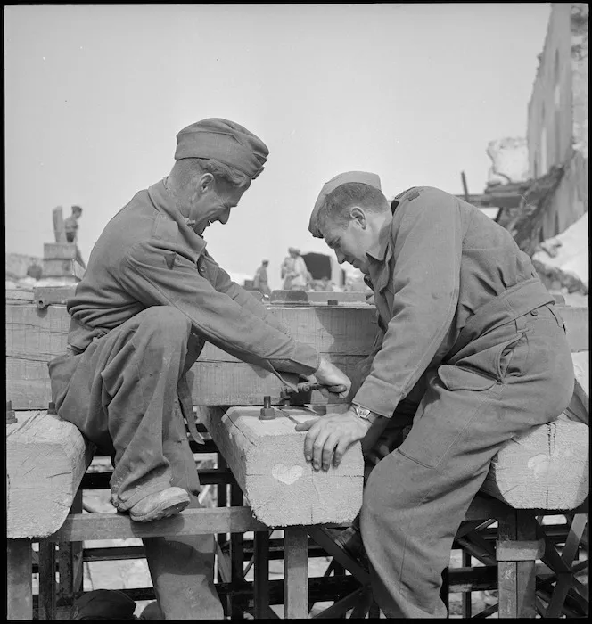 New Zealand engineers repairing damaged bridge on Tripoli wharf, Libya - Photograph taken by H Paton