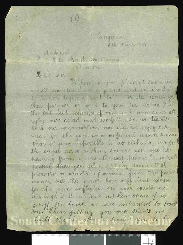 Anonymous to Mr Budd of the Arcade Tea Rooms, 5 February 1907 RE: Complaint