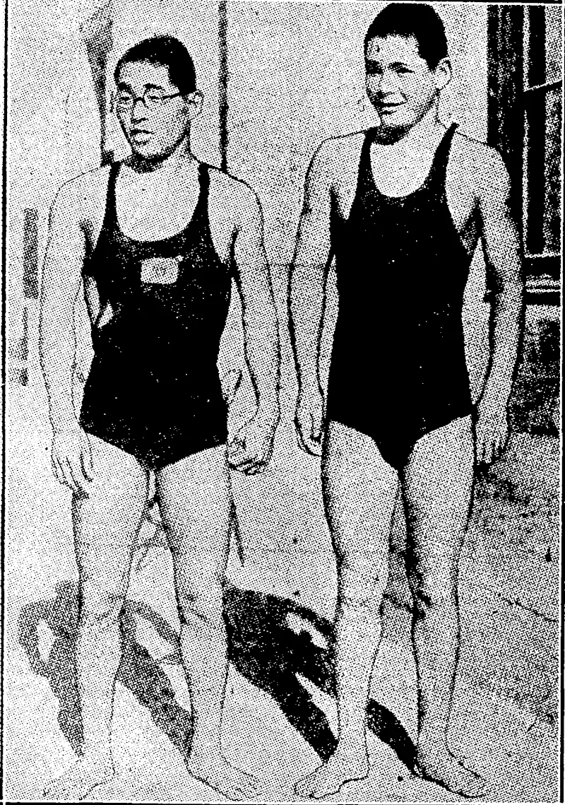 JAPANESE SWIMMERS WHO WON AT THE OLYMPIC GAMES. —Kusuo Kitamura (right), who is only 14 years old, and Shdzo Makimo, aged 16, ivho finished first and second respectively in the ■. 1500 metres race at the Games. (Evening Post, 17 August 1932)