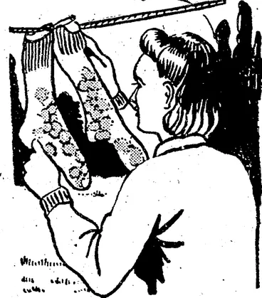 Image: and allow them to dry gradually. The weight of the stones keeps them from shrinking, and allows them to dry in their original shape. This is a very good- method of drying hubby's and the children's socks on washing day —provided you have enough clean stones and do not expect the socks to dry in a hurry. (Evening Post, 19 July 1941)