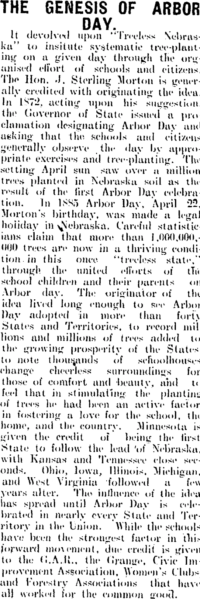 THE GENESIS OF ARBOR DAY. (Mataura Ensign 26-6-1906)