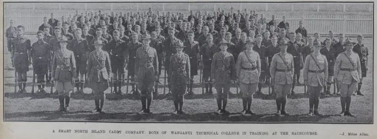 A smart North Island cadet company: boys of the Wanganui Technical College in training at the racecourse