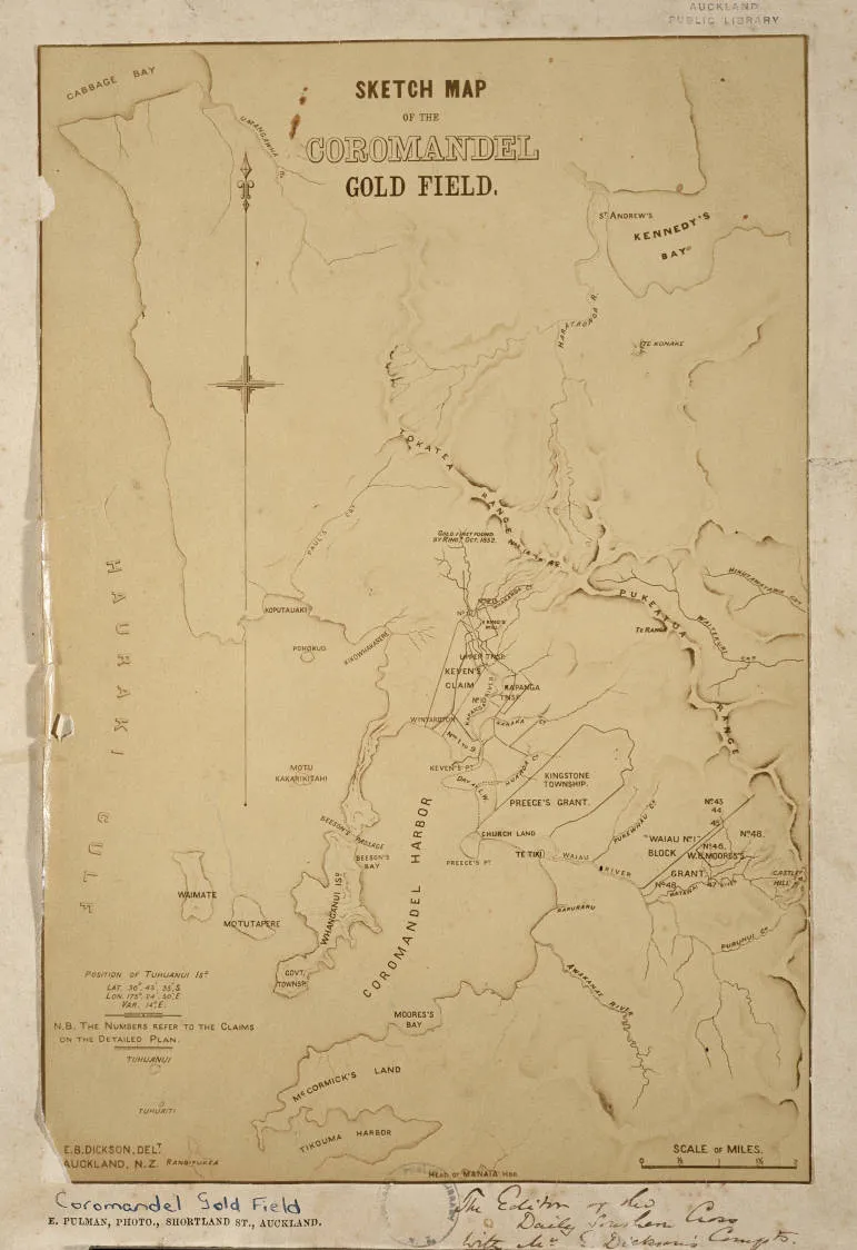 Sketch map of the Coromandel gold field, by E. B. Dickson