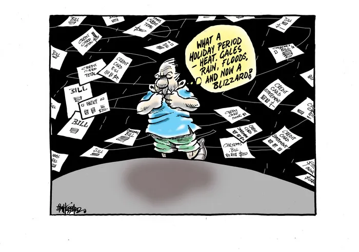 A man struggles to stand in a "blizzard" of 'credit card statements' and 'Christmas bills' during the holiday period of heat, gales, rain and floods