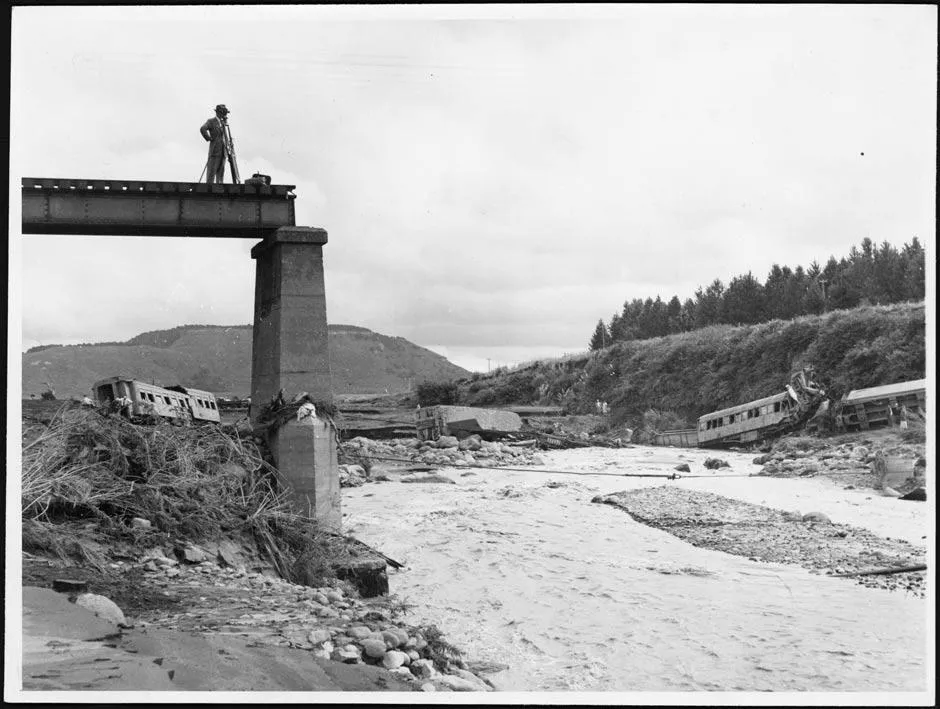 Destroyed railway bridge at Tangiwai