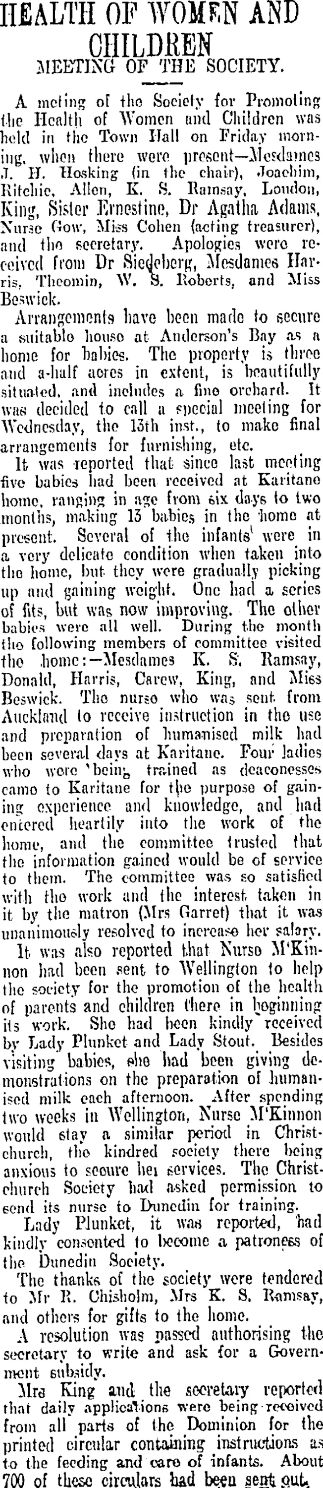 HEALTH OF WOMEN AND CHILDREN (Otago Daily Times 11-11-1907)