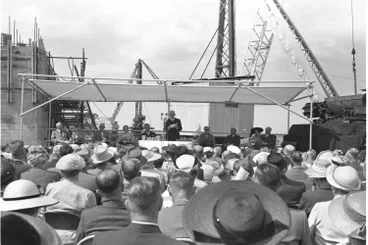 Image: Unveiling the foundation stone for the Auckland Harbour Bridge, Westhaven, 1956