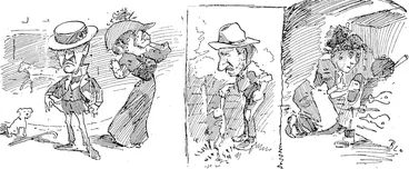 Image: Not a penny'in his'pockets, la-di-da.1 It burst up the honeymoon, And now he is trapping rabbits While she plies the stove brushes in her all right. " They hadn't enough left to pay their overdue board for a living��� capacity as domestic servant. Meanwhile,  bill, the furniture has been seized and the 'appy.  'ome sold up.  Being the Story of a Wairarapa Couple who Mortgaged their home to pay for a Honeymoon, and Spoiled the Honeymoon and Lost the Home. (Observer, 07 May 1898)