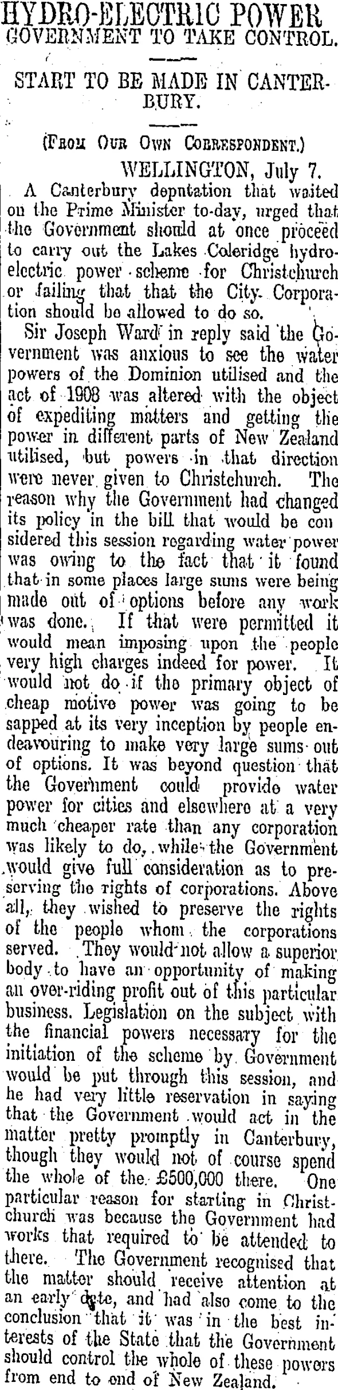 HYDRO-ELECTRIC POWER (Otago Daily Times 8-7-1910)