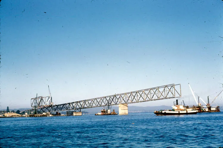 Southern end of bridge and pick-a-back section under construction, Westhaven, 1958