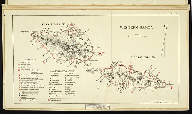 Map of Samoa showing roads, hospitals, schools, missions and districts, 1927
