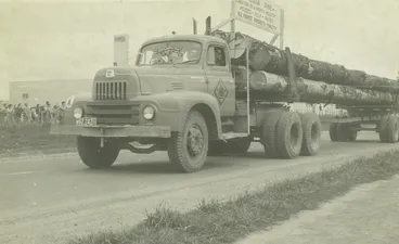 Image: Egmont Box Company Limited. A New Zealand Forest Products truck in Tokoroa procession, 1951-1956