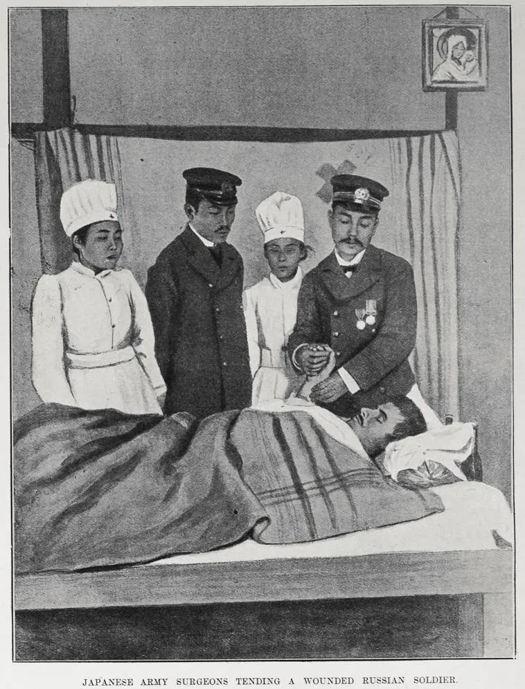 JAPANESE ARMY SURGEONS TENDING A WOUNDED RUSSIAN SOLDIER