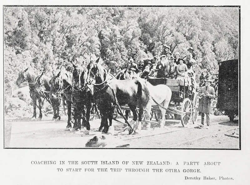 Coaching in the South Island of New Zealand: a party about to start for the trip through the Otira Gorge