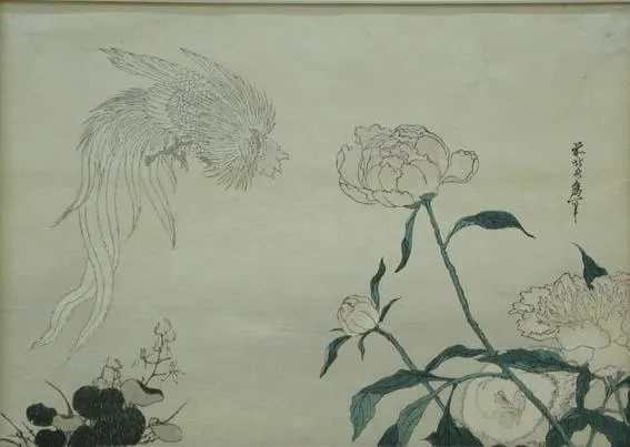 A plumed rooster and a hen with peonies