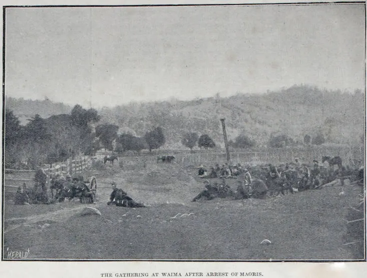 THE GATHERING AT WAIMA AFTER ARREST OF MAORIS