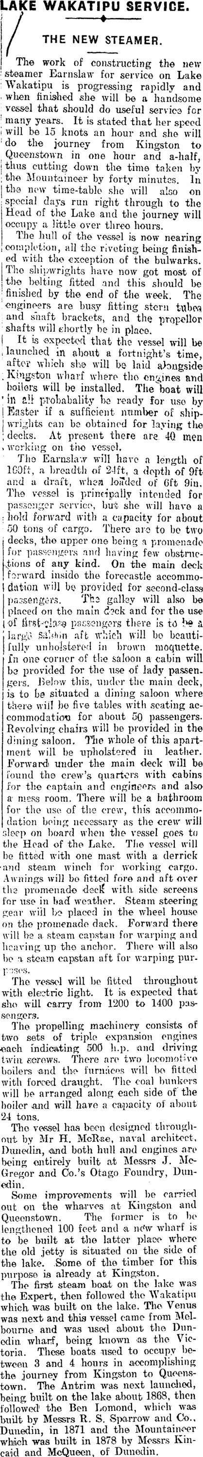 LAKE WAKATIPU SERVICE. (Mataura Ensign 2-2-1912)