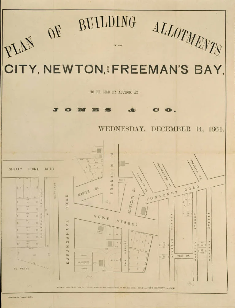 Plan of building allotments in the City, Newton and Freemans Bay to be sold by auction, by Jones & Co. Wednesday, December 14, 1864.
