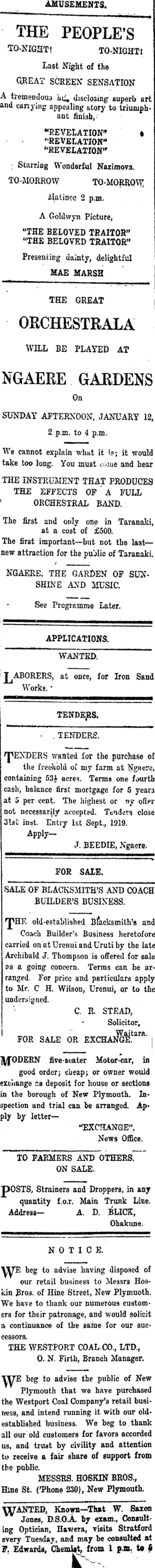 Image: Page 1 Advertisements Column 2 (Taranaki Daily News 10-1-1919)