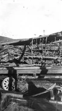 Collapsed timber shed at C.E. Daniell Ltd, after earthquake