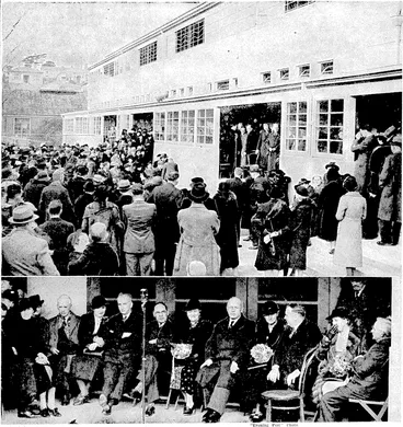 Image: Scenes ,at the official opening of the Newtown School on Saturday. At top, parents and pupils assemblingin front of the neiv building, one of the most up-to-date schools in the Dominion. Below, theMayor,Mr.T.C.A. Hislop, is to tlie left ofthe microphone, and to the right are Mr. R. McKeen, MIP., mem/ber for the district, the Hon. P. Fraser, Minister of Education, who declared the neiv building open, and Mr. W.V.Dyer, chairman ofA the Wellington Education Board. (Evening Post, 19 June 1939)