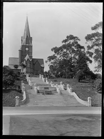 Image: Christ Church cathedral with steps leading up to church and garden, Nelson