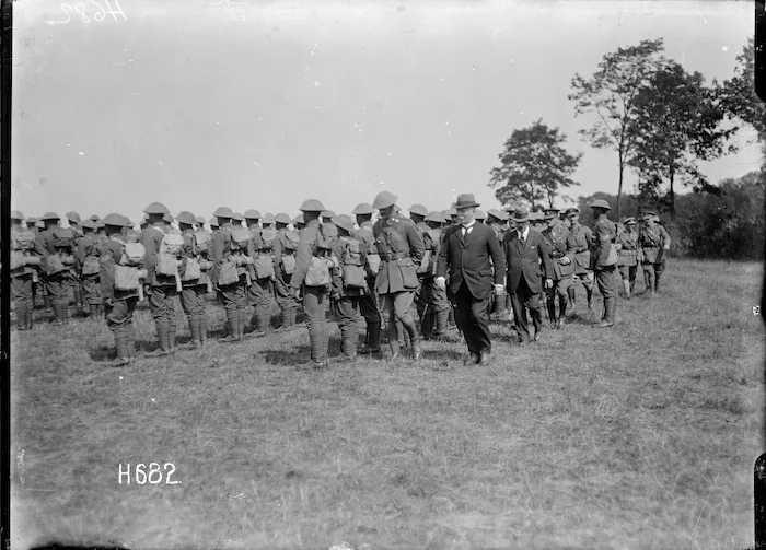 Prime Minister Massey and Deputy PM Ward inspect the Pioneer Battalion, Bois-de-Warnimont, France