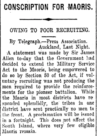 Image: CONSCRIPTION FOR MAORIS. (Taranaki Daily News 15-6-1917)