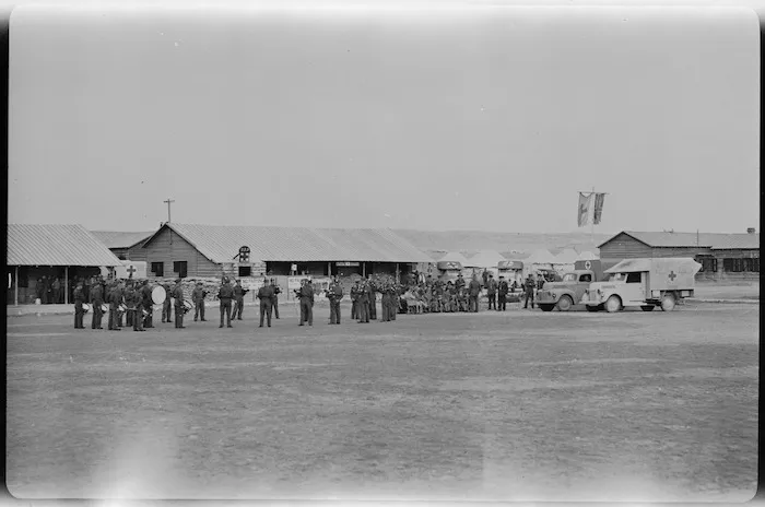 General view of 23 Field Ambulance showing band and donated ambulances, Maadi - Photograph taken by W Timmins
