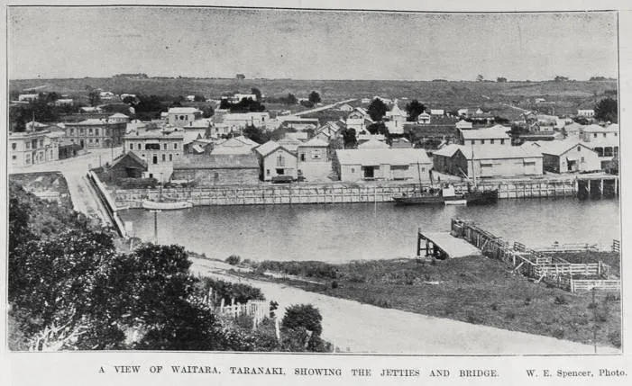 A view of Waitara, Taranaki with the bridge and jetties