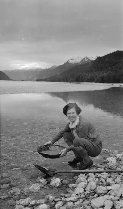 Thelma Rene Kent panning for gold in the Arawata River