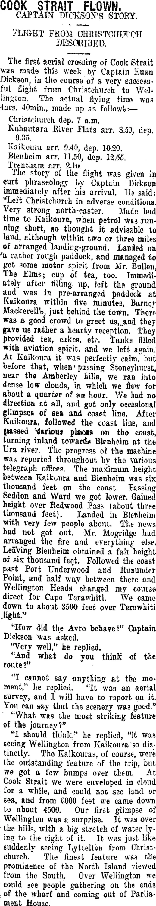 COOK STRAIT FLOWN. (Taranaki Daily News 28-8-1920)