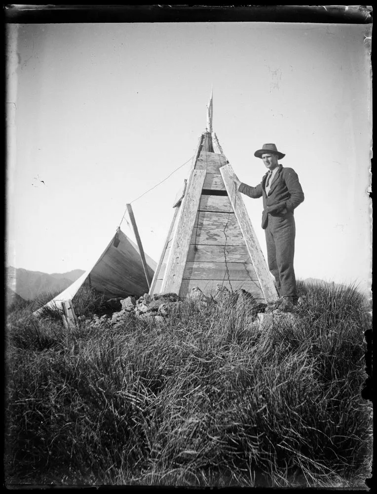 Leslie Adkin at camp by Mt Dundas trig