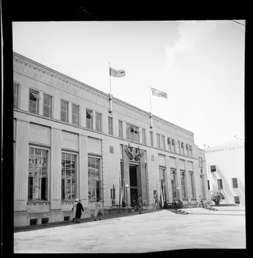 Image: New Zealand Blue Ensign flags on the Wellington Central Library building