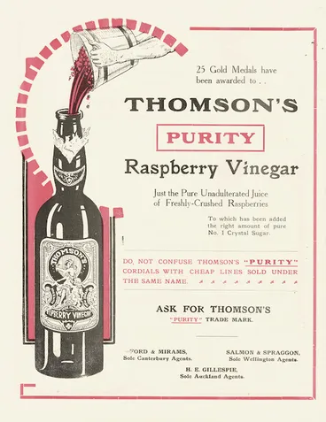 Image: Thomson & Company (Dunedin) :Thomson's "Purity" raspberry vinegar. [ca 1910]