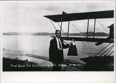 First air mail, Auckland to Russell.  Pilot: George Bolt