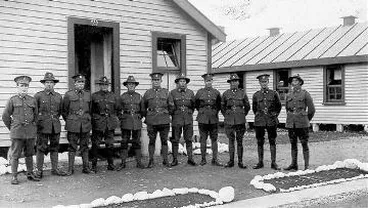 Soldiers outside a hut at Featherston Military Training Camp Image: Soldiers outside a hut at Featherston Military Training Camp