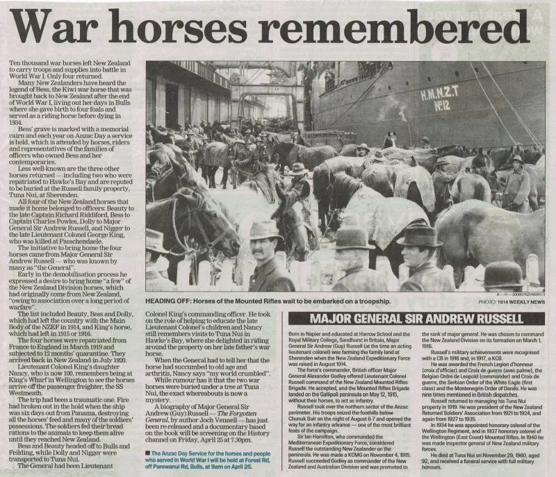 Newspaper Article 2014 – War horses remembered (Napier Courier)