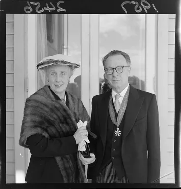 Image: Dr Clarence Beeby CMG, wearing his medal, with his wife Beatrice Beeby