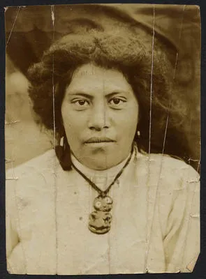 [Portrait, Maori woman in white blouse]