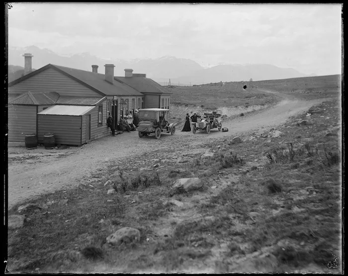 Scene at Pukaki Hotel, Mackenzie District, during the Gifford motor tour