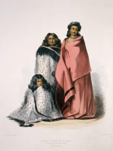 Image: [Angas, George French] 1822-1886 :E Rua, E Pari, and E Hoki, women of Ngatitoa tribe, Cook's Straits [London ; McLean 1847]