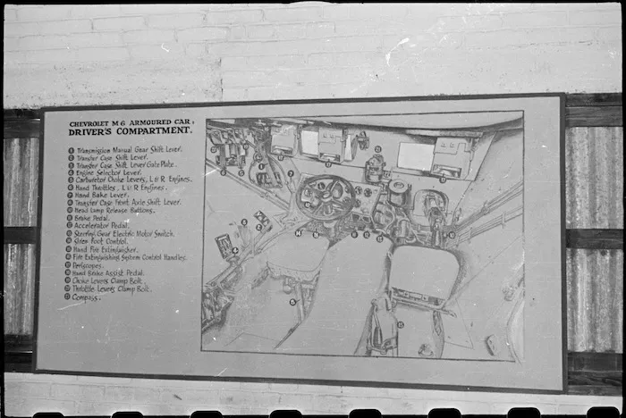 Diagram of a Staghound driver's compartment at the NZ Armoured Training School at Maadi Camp, Egypt - Photograph taken by George Bull