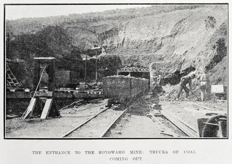 The entrance to the Rotowaro mine: trucks of coal coming out